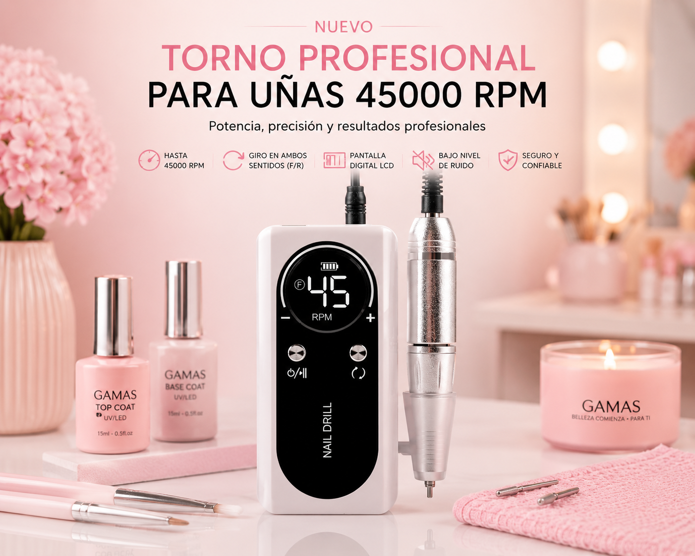 Torno Profesional para Uñas GAMAS™ 45.000 RPM | Pantalla LCD y Velocidad Ajustable