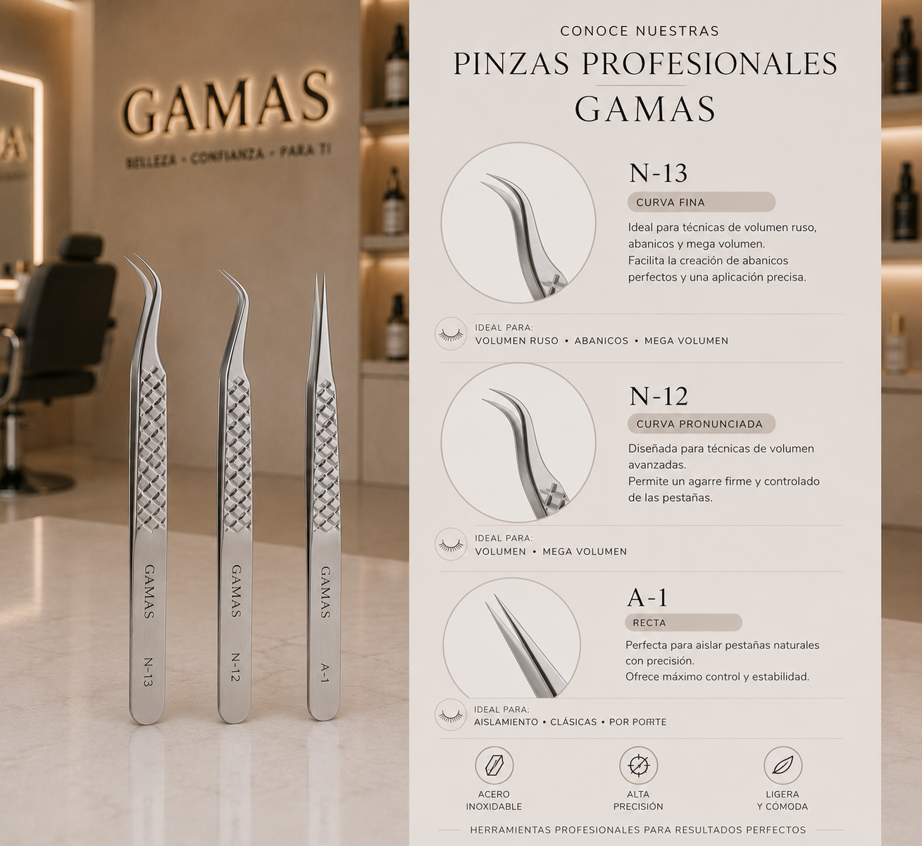 Pinza Profesional para Extensiones de Pestañas GAMAS