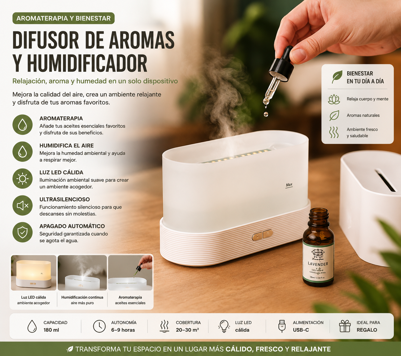 Premium LED Flame Diffuser | 7 Colors & Aromatherapy