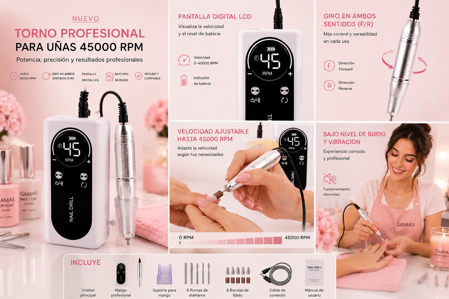 Torno Profesional para Uñas GAMAS™ 45.000 RPM | Pantalla LCD y Velocidad Ajustable