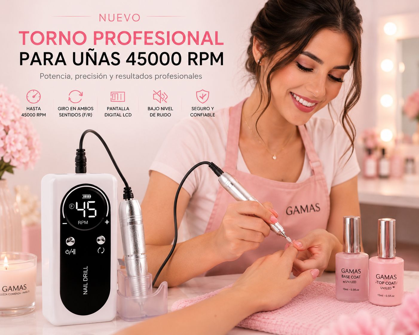 Torno Profesional para Uñas GAMAS™ 45.000 RPM | Pantalla LCD y Velocidad Ajustable